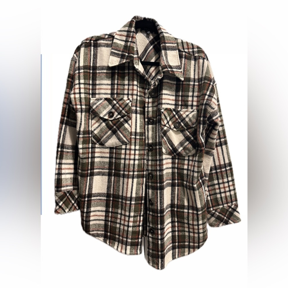 Plaid Button-Up Shacket in Cream, Brown & Olive